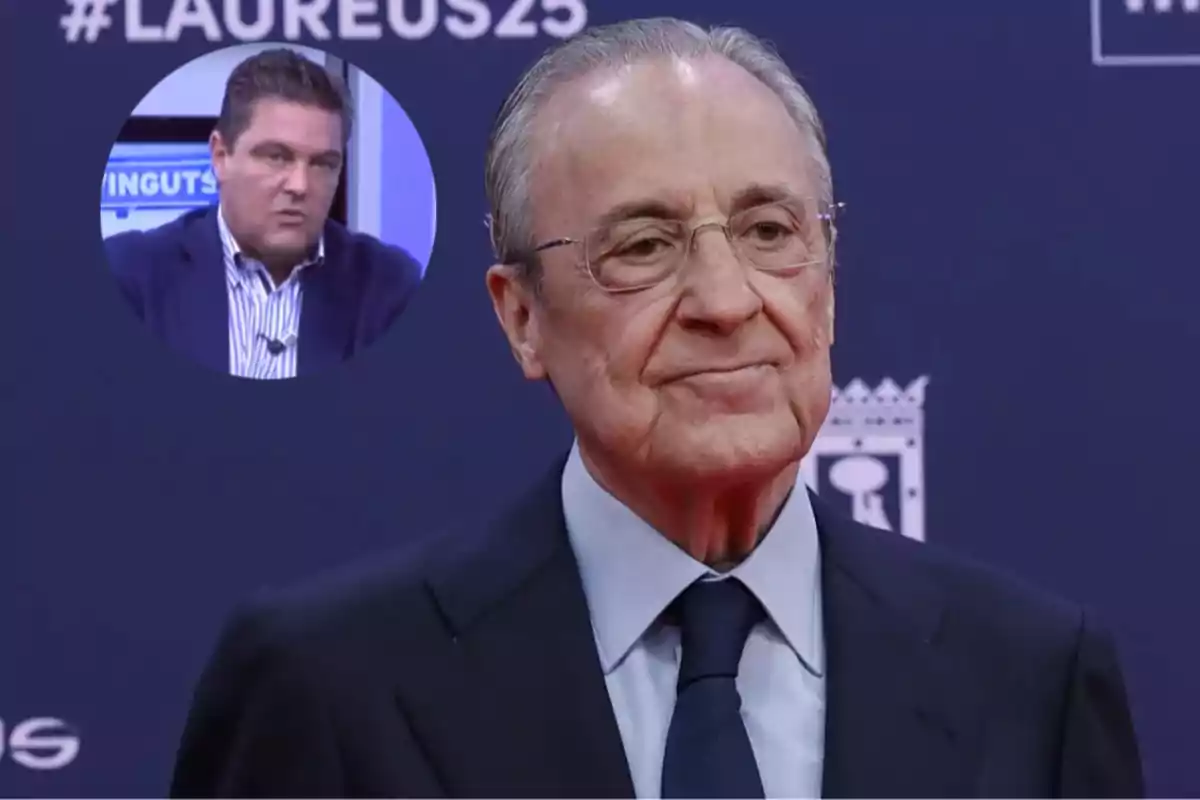 An older man with glasses and a dark suit is at an event with a blue background featuring the hashtag #LAUREUS25; in the top left corner, there is a box with the image of another man in a blue jacket and striped jersey.