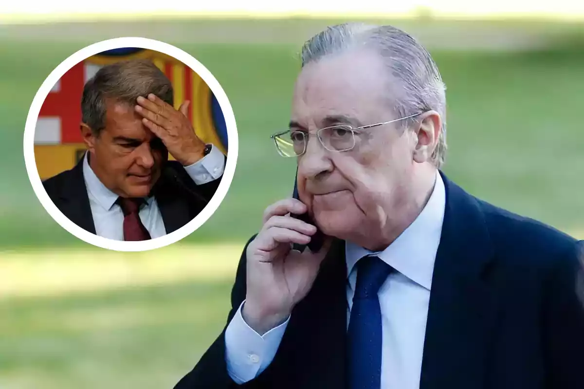 Hombre mayor con gafas hablando por teléfono mientras en un recuadro aparece otro hombre con gesto preocupado llevándose la mano a la frente.