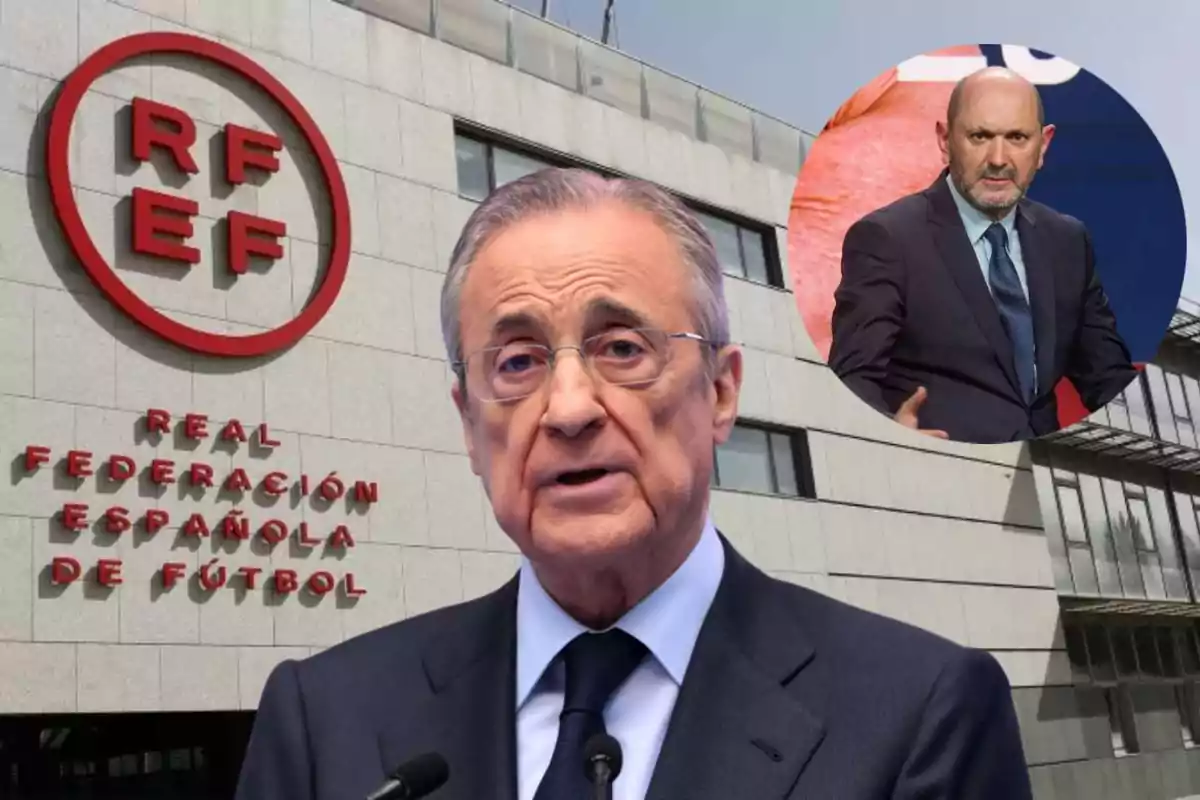 A man in a suit in front of the building of the Royal Spanish Football Federation, with a box showing another man also in a suit.