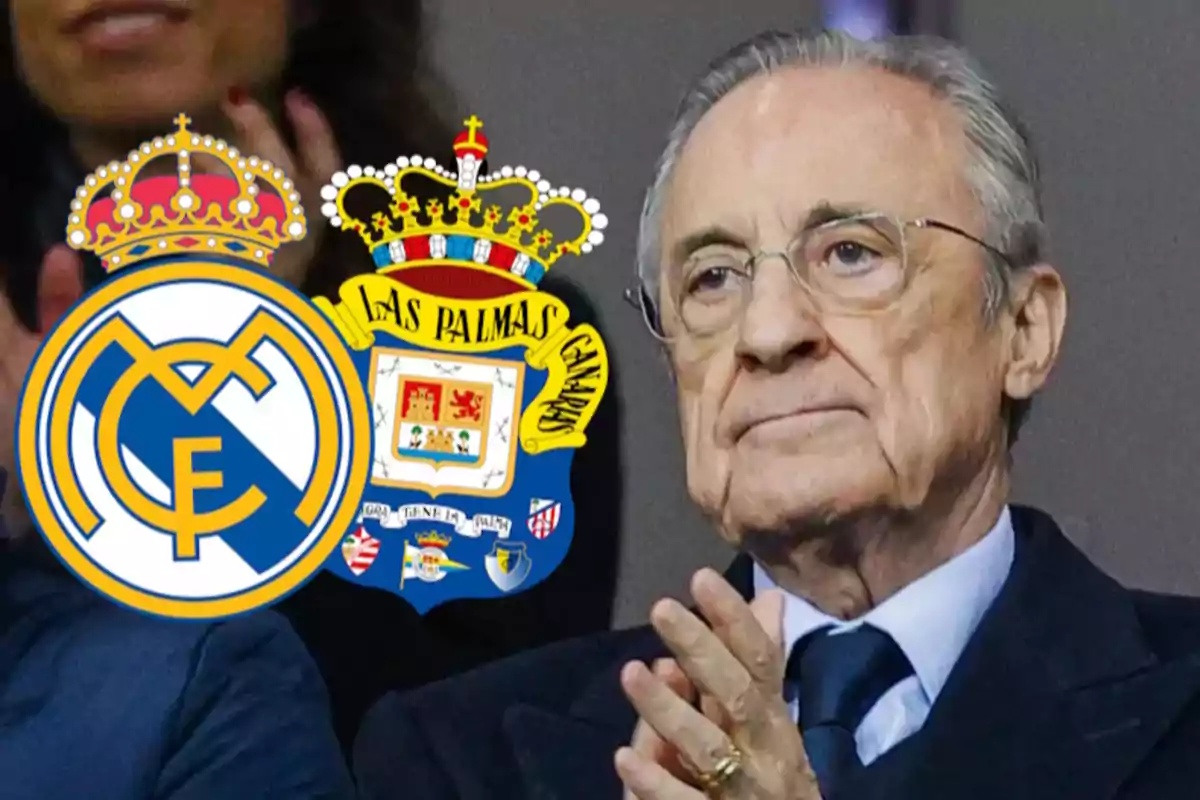 A man applauding with the Real Madrid and Las Palmas shields superimposed.