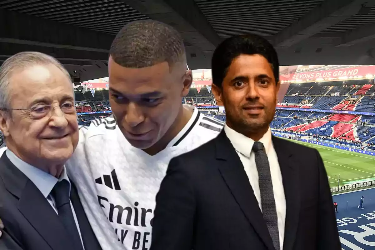 Three men pose together in a soccer stadium.