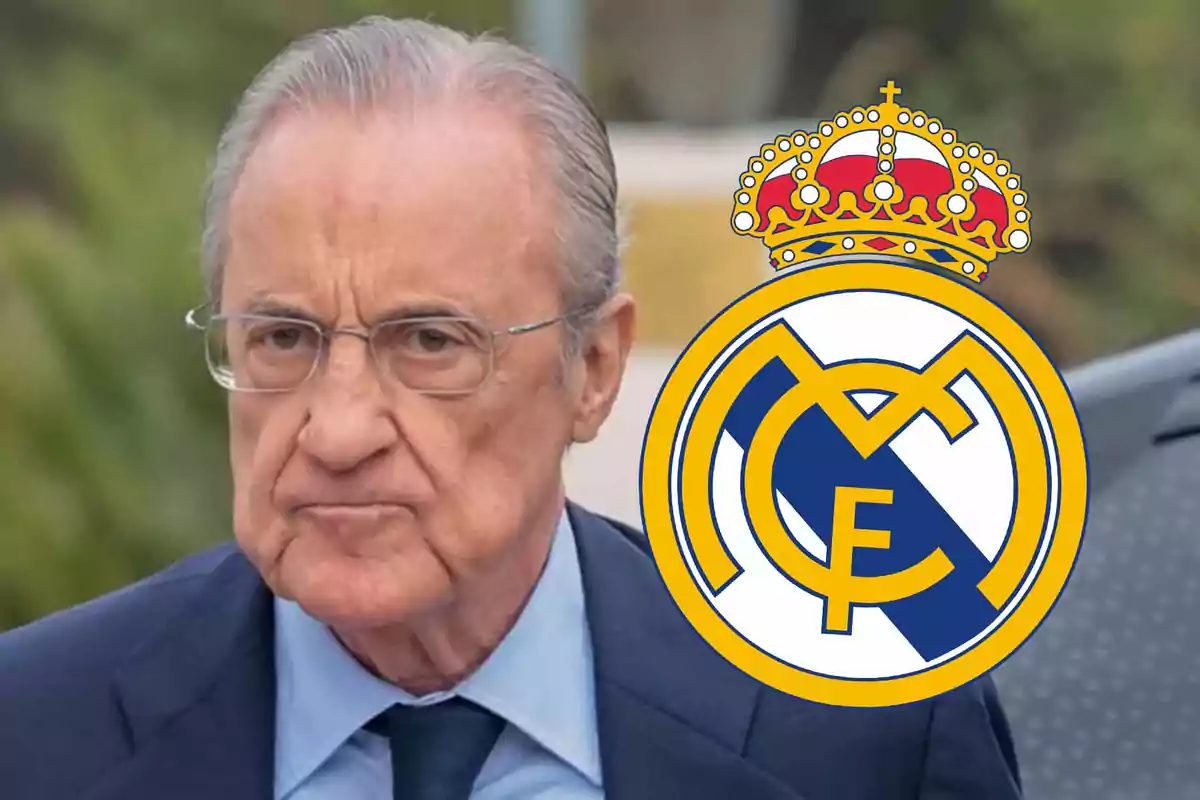 An older man with glasses and a serious expression next to the Real Madrid crest.