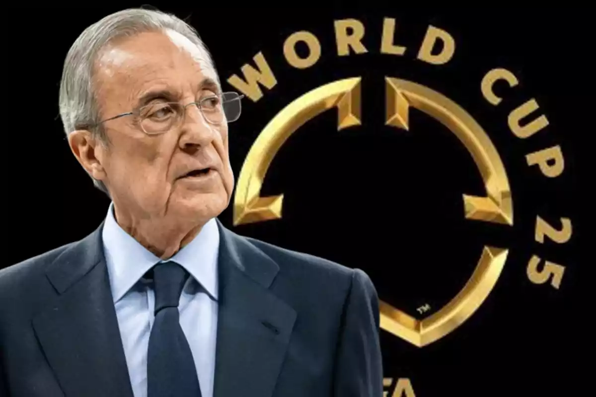 Un hombre mayor con gafas y traje oscuro frente a un logotipo dorado que dice "World Cup 25".