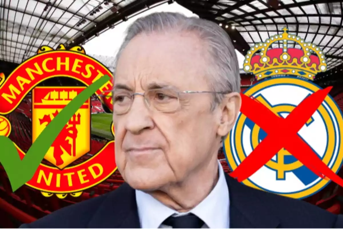 An older man with glasses is in front of the Manchester United and Real Madrid logos, with a green check mark over the Manchester United logo and a red cross over the Real Madrid logo.