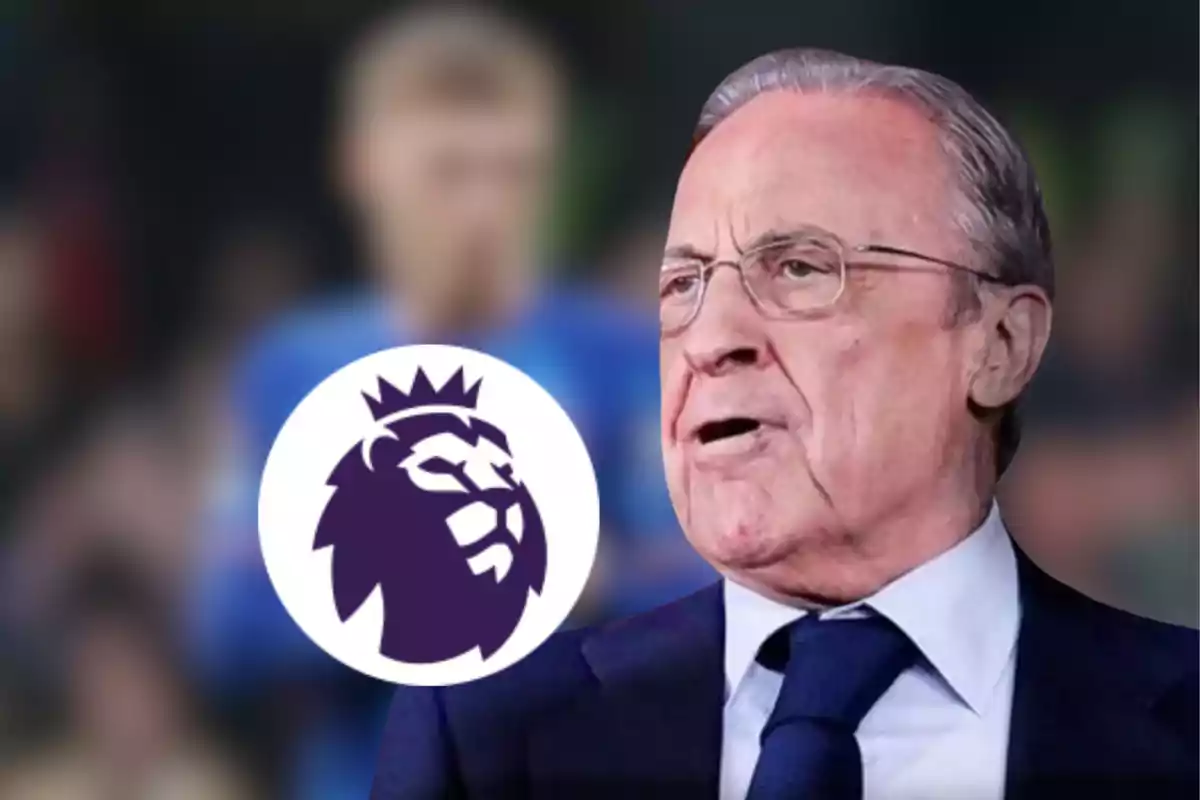 An older man wearing glasses and a suit appears in the foreground with the Premier League logo in the background.