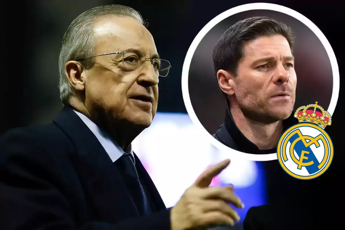 An older man with glasses and a dark suit gestures while another man with a serious expression appears in a circle next to the Real Madrid crest.