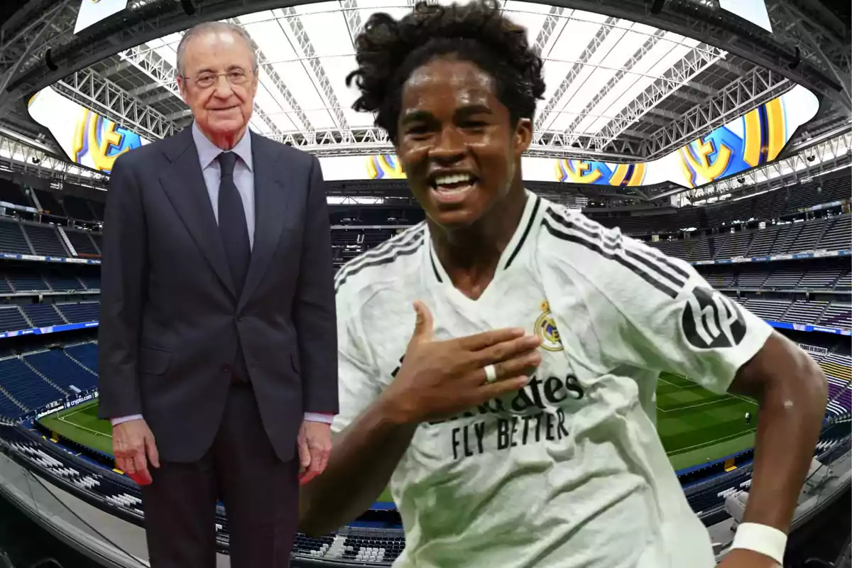 Un hombre mayor con traje y un jugador de fútbol con uniforme blanco del Real Madrid están en un estadio de fútbol.