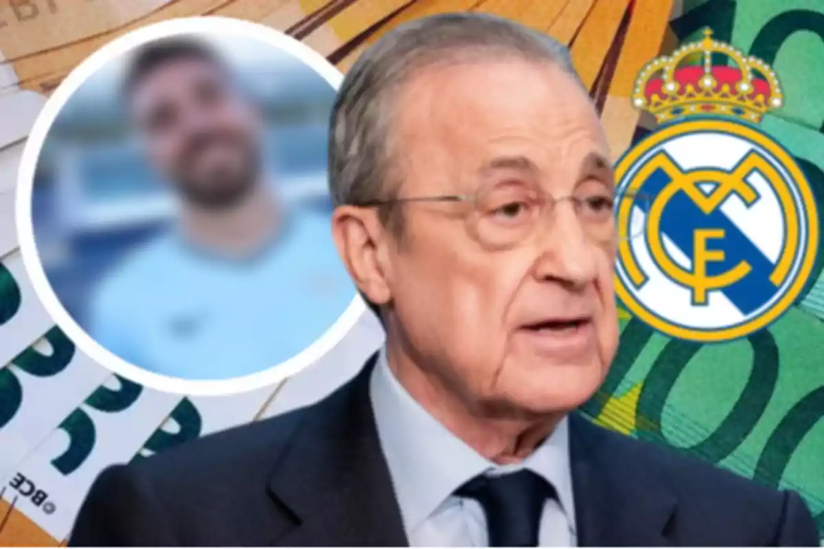 Older man with glasses and a suit in front of a background of bills and the Real Madrid crest.