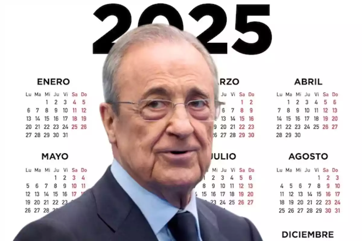 An older man with glasses and a suit in front of a calendar for the year 2025.