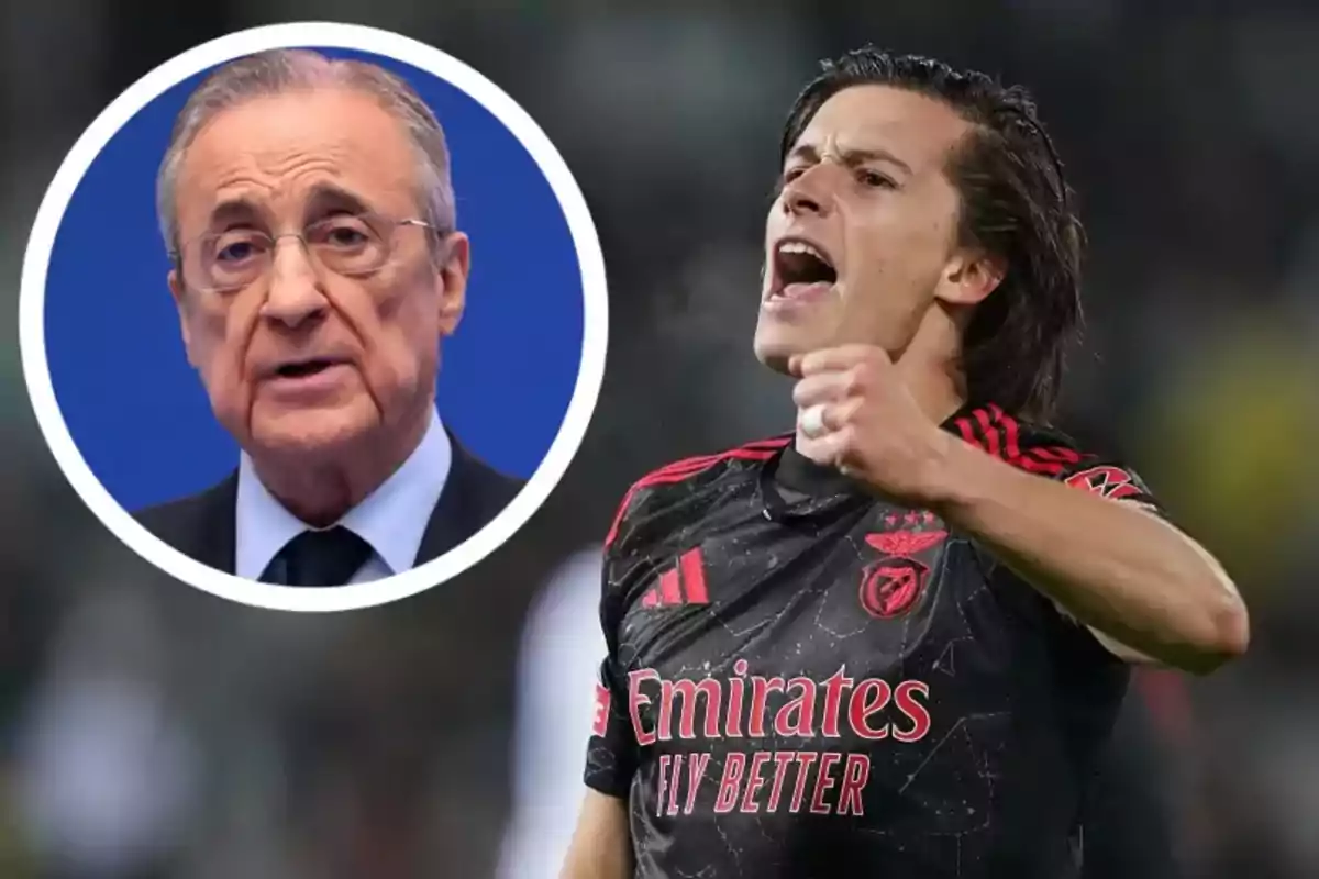 A player in a black Benfica uniform celebrates while the face of an older man with glasses and a suit appears in the corner.