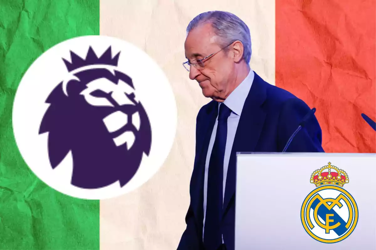 Man in a suit next to a podium with the Real Madrid crest, the Premier League logo, and a flag in the background with the colors green, white, and red.