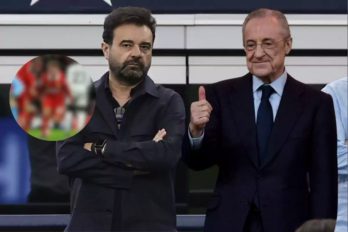 Two men standing, one with crossed arms and the other giving a thumbs up, with a blurred image of players in the background.