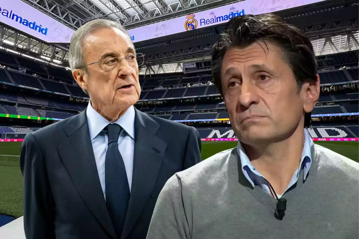 Dos hombres en el estadio del Real Madrid con expresiones serias