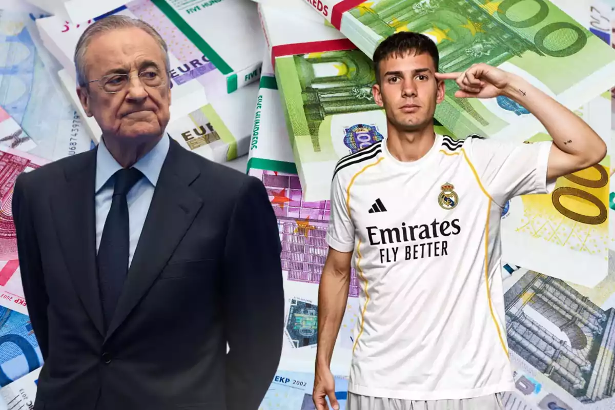 A man in a suit and a player wearing a Real Madrid uniform pose in front of a background of euro bills.