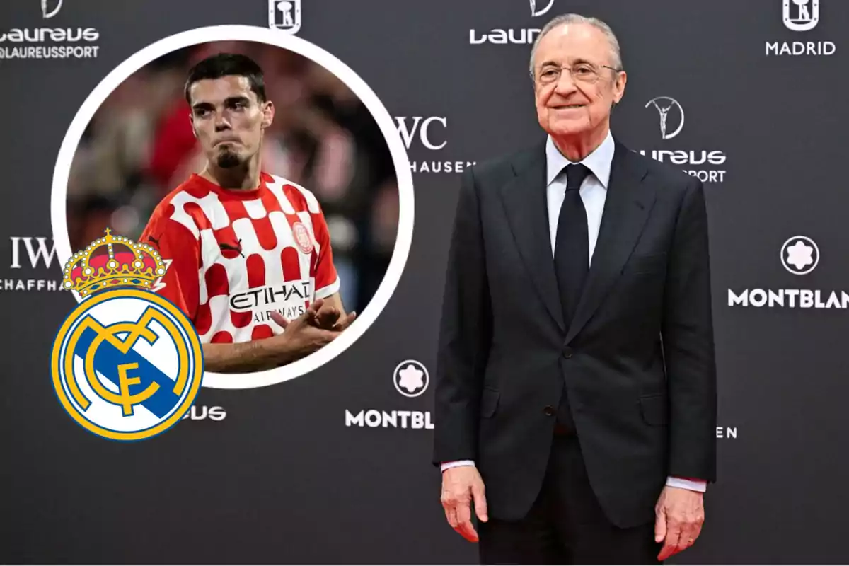 Un hombre de traje sonríe en una alfombra roja mientras a su lado aparece un círculo con la imagen de un futbolista con uniforme rojo y blanco y el escudo del Real Madrid.