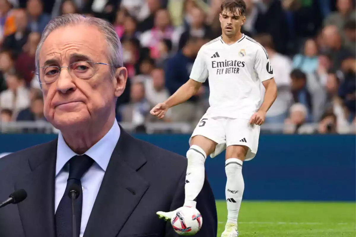 An older man wearing glasses and a suit stands in the foreground while a soccer player in a white Real Madrid uniform stands on the field in the background.