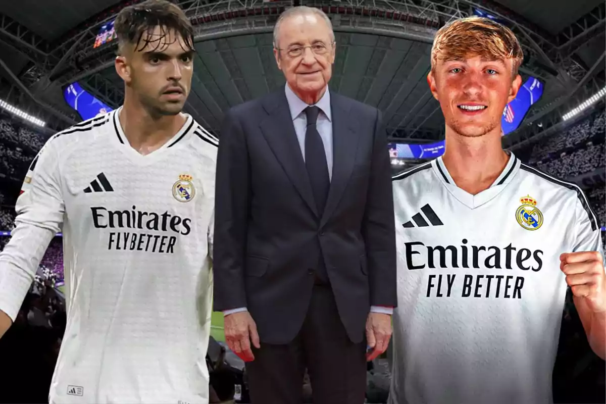 Tres personas posan en un estadio de fútbol dos de ellas visten camisetas del Real Madrid y la persona en el centro lleva un traje formal.