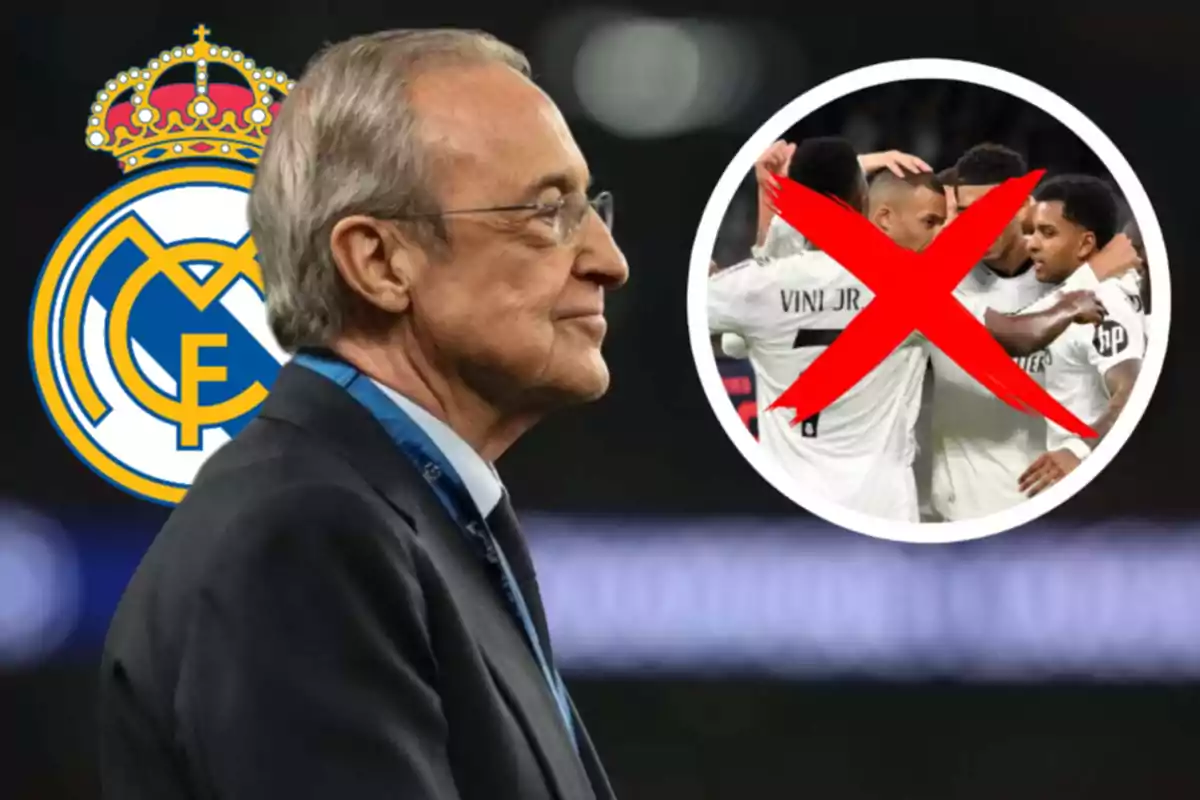 Un hombre de perfil con el logo del Real Madrid detrás y una imagen de jugadores tachada con una X roja.