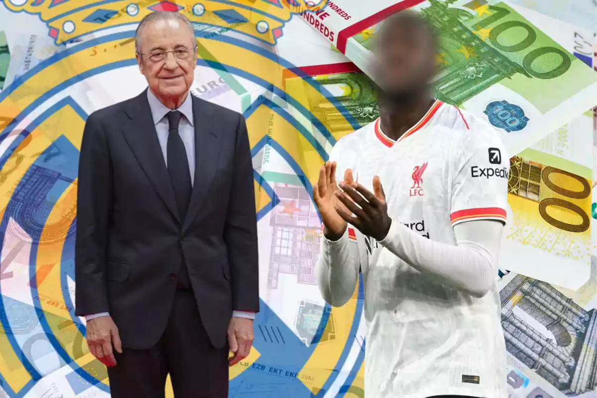 Un hombre de traje junto a un jugador de fútbol con el uniforme del Liverpool, con un fondo de billetes de euro y el escudo del Real Madrid.