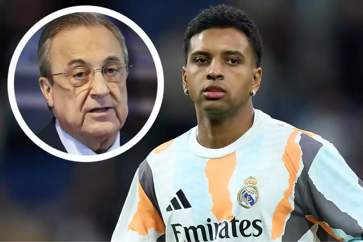 Un jugador de fútbol con el uniforme del Real Madrid y un hombre mayor en un recuadro circular.