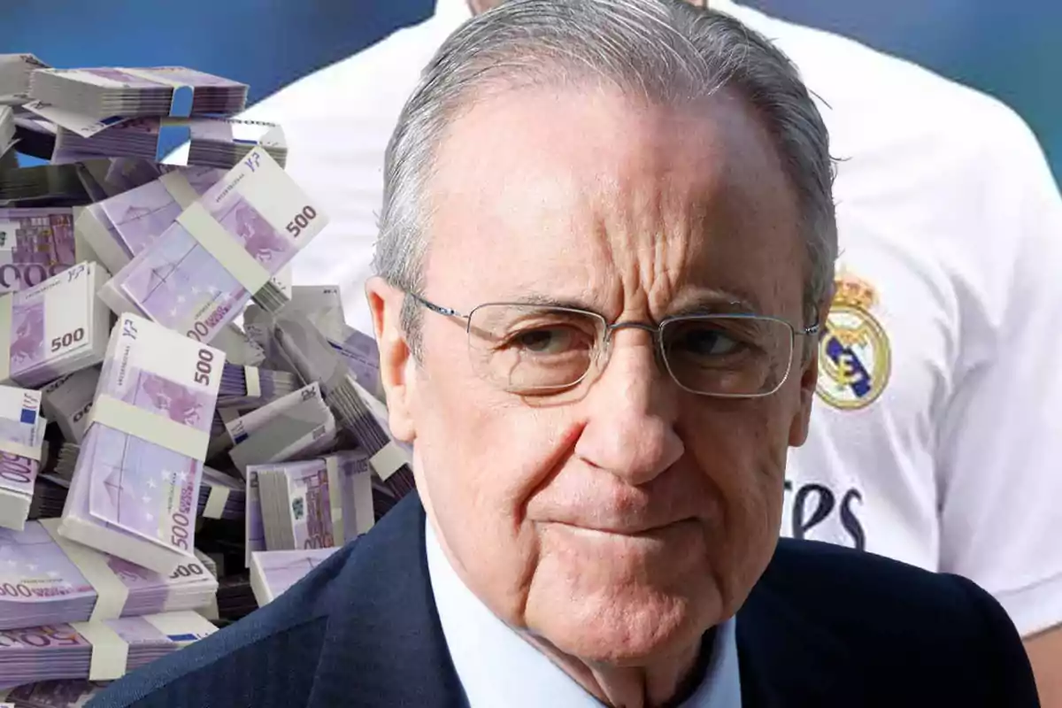 An older man with glasses and a serious expression in front of a stack of 500 euro bills and a background with the crest of a soccer team.