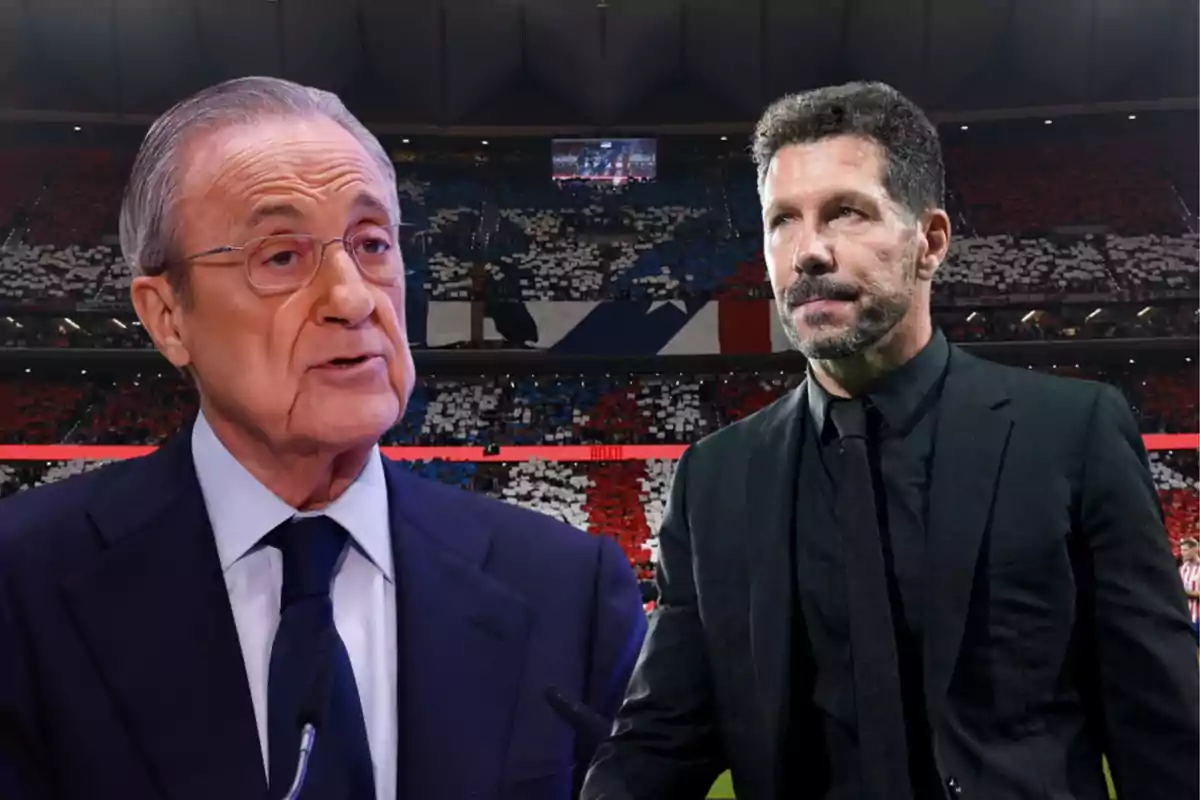 Two men in formal suits are in a soccer stadium with stands full of mosaics in red, white, and blue colors.
