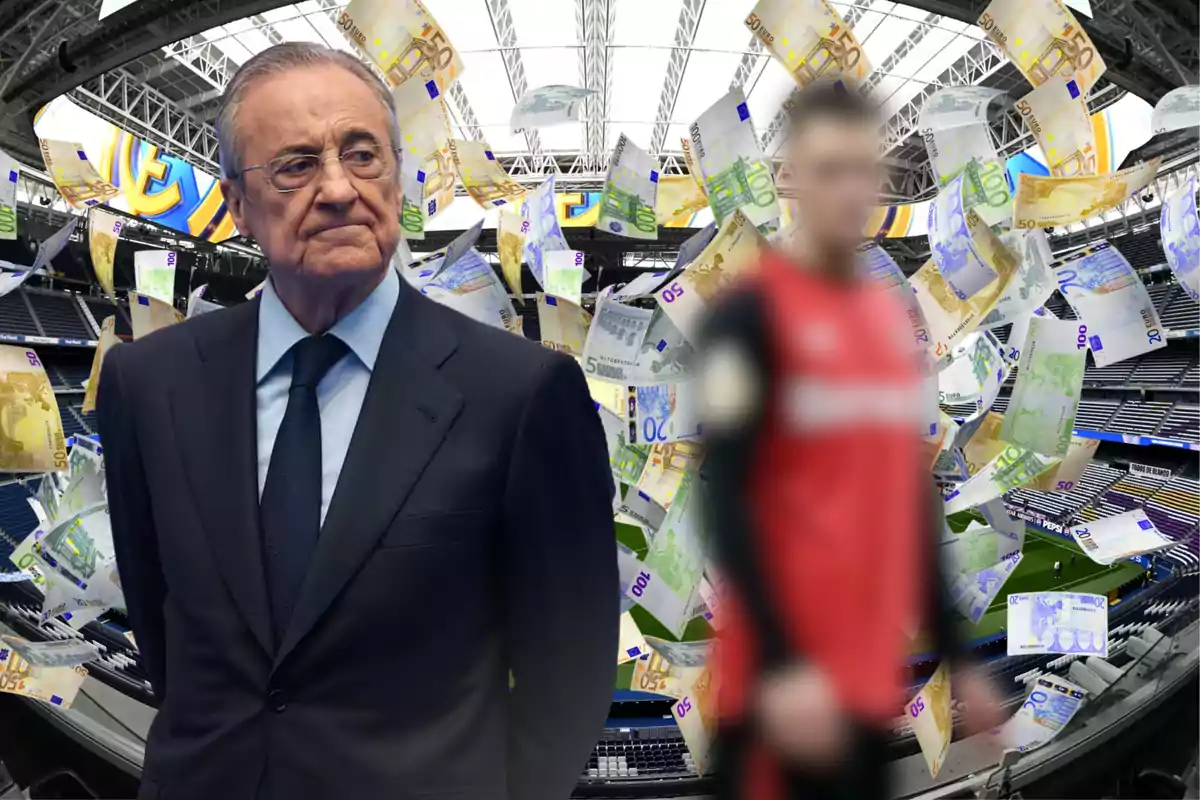 A man in a suit in a soccer stadium with euro bills floating and a blurred figure in the foreground