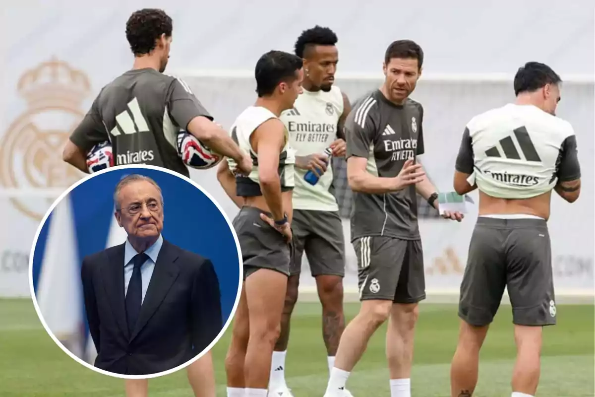 Un grupo de jugadores y un entrenador del Real Madrid conversan en un campo de entrenamiento mientras en la esquina inferior izquierda aparece el retrato de un hombre mayor con traje y gafas