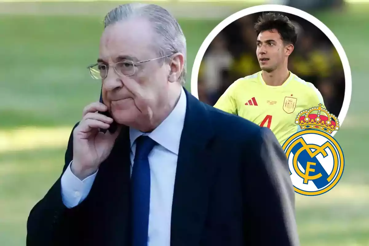 Hombre de traje hablando por teléfono con la imagen de un futbolista y el escudo del Real Madrid en el fondo