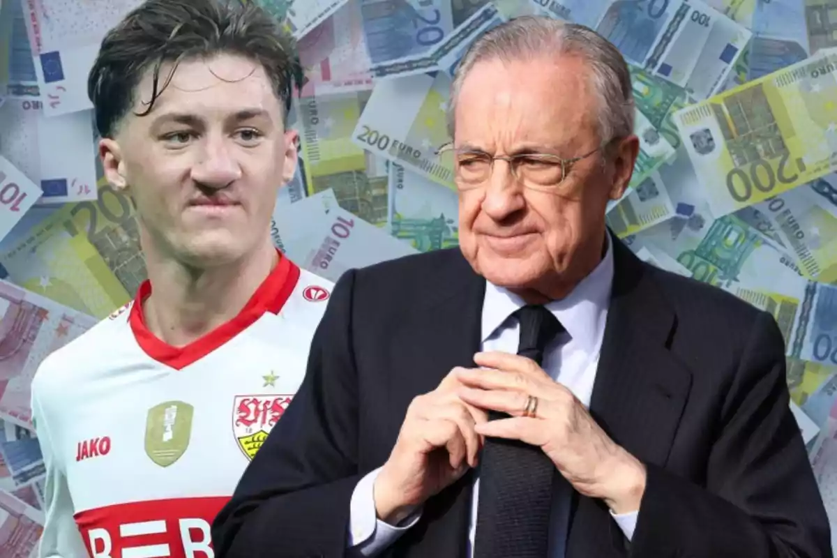 A player in a white and red uniform next to a man in a suit with euro bills in the background
