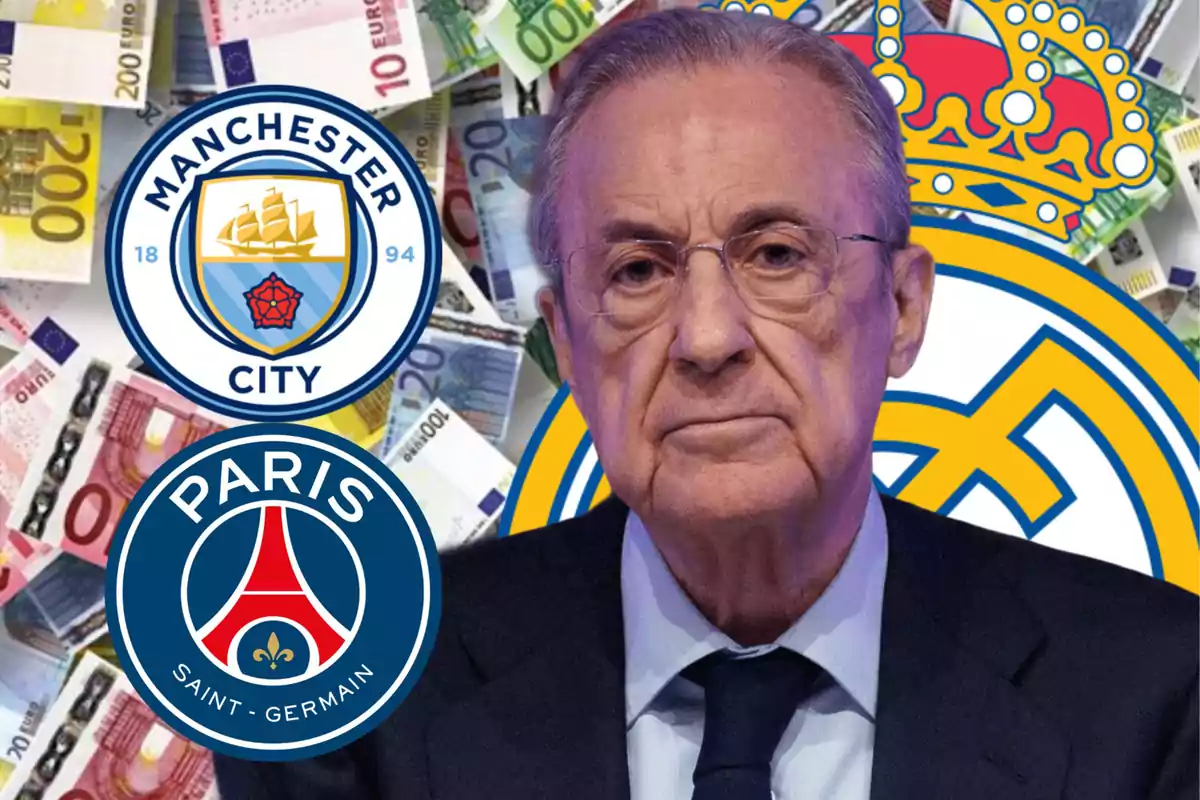 Un hombre mayor con gafas aparece frente a los logotipos de los equipos de fútbol Manchester City y Paris Saint-Germain con billetes de euro de fondo.