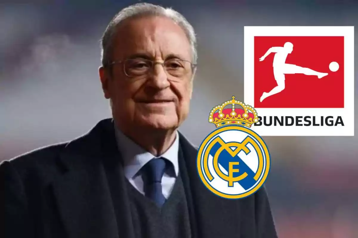 Un hombre mayor con gafas y traje oscuro junto a los logotipos de la Bundesliga y el Real Madrid.