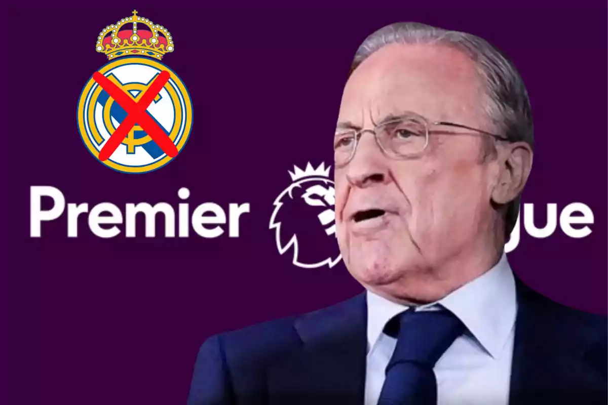 Hombre con traje frente a los logos del Real Madrid tachado y la Premier League.