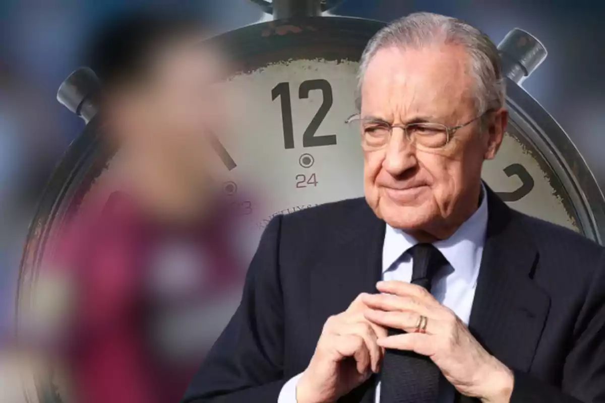 Man in a suit with a serious expression in front of a large clock and a blurred figure in the background