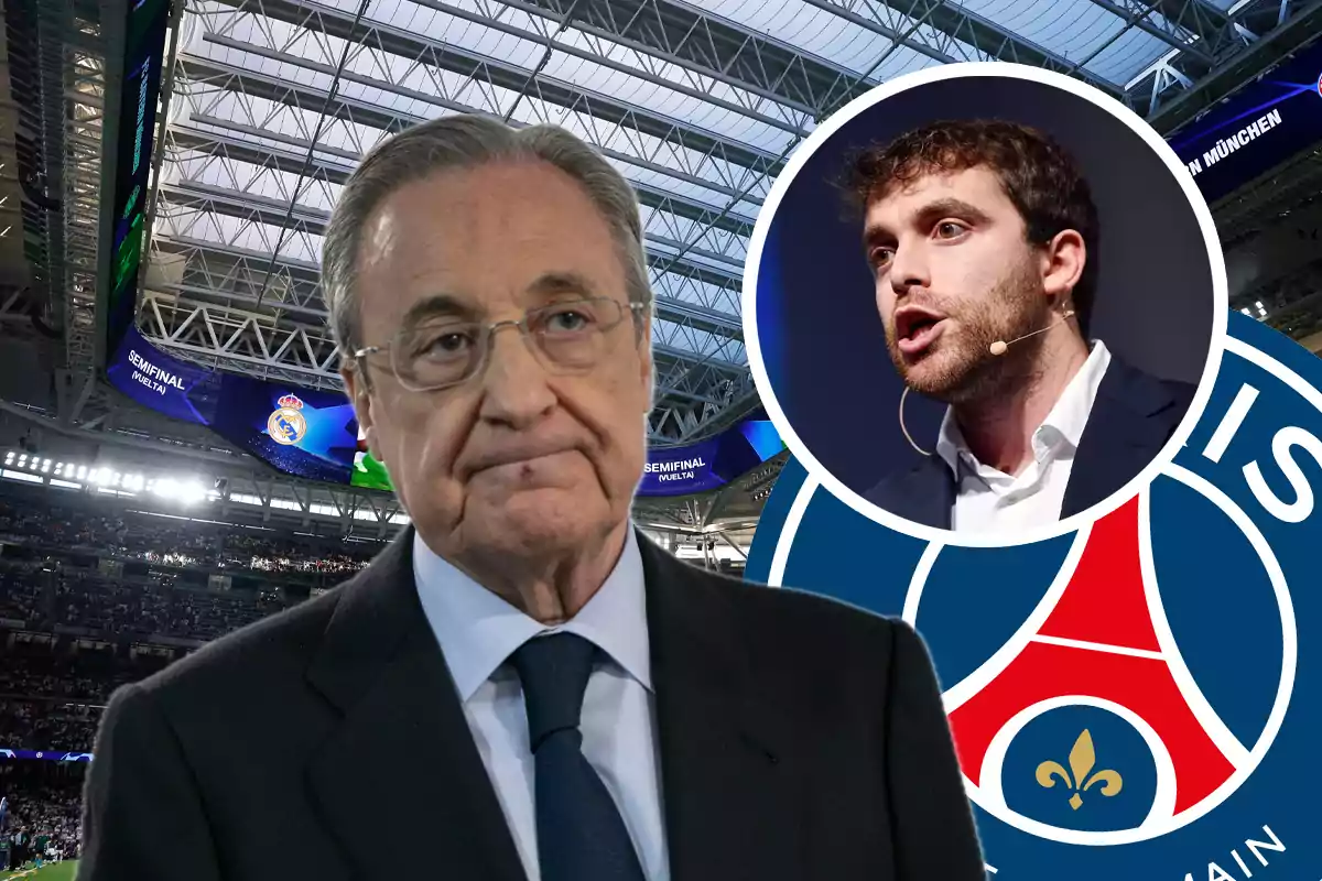 An older man with glasses and a serious expression is in a soccer stadium, while in the upper right corner appears the face of another young man with a microphone and the PSG logo in the background.