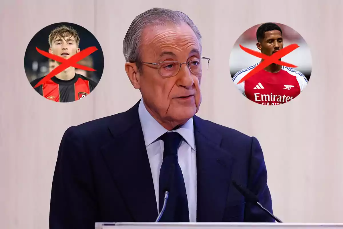 A man in a suit and tie speaks at a podium, while two circular images with a red cross show two players.