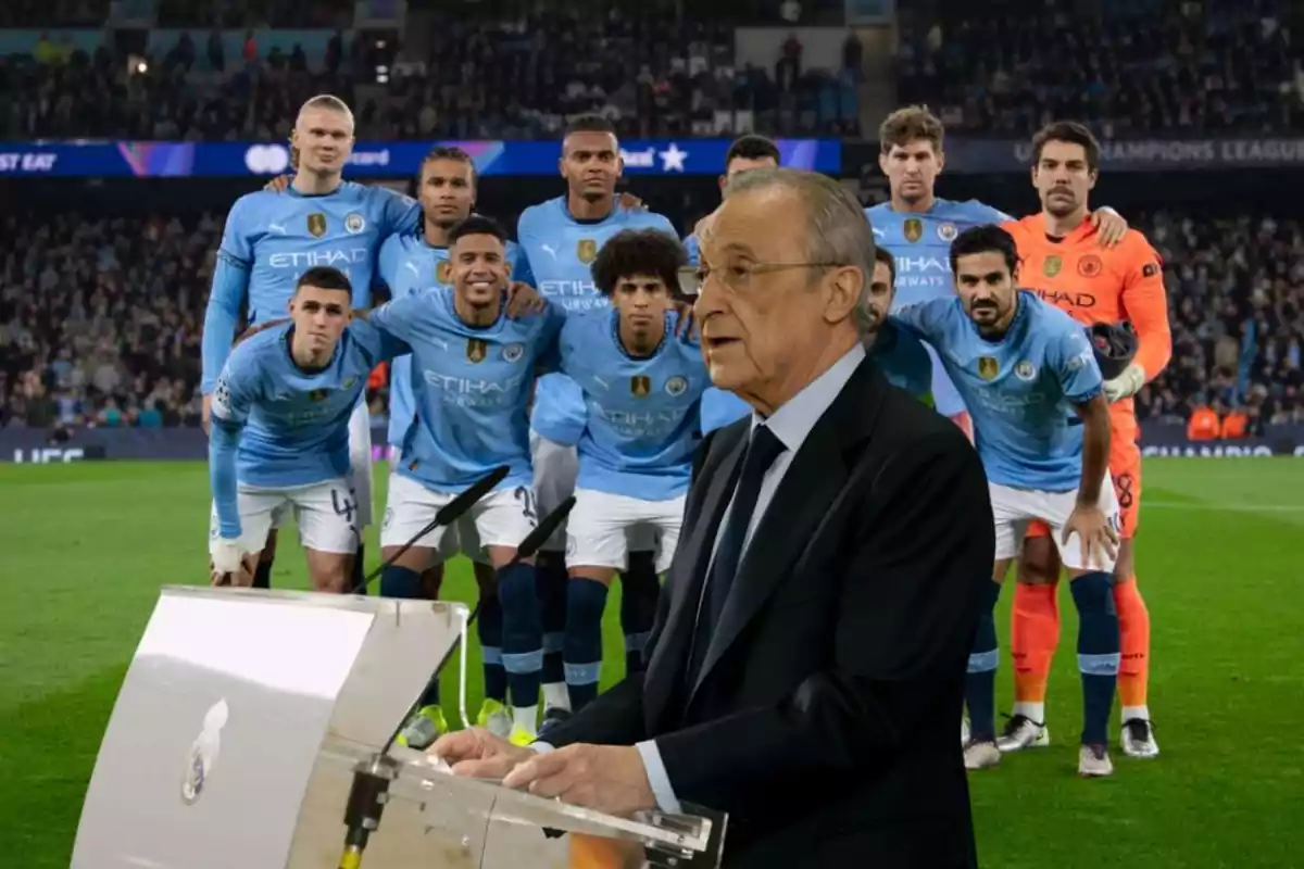 A man in a suit stands in front of a podium, while a soccer team poses on the field behind him.