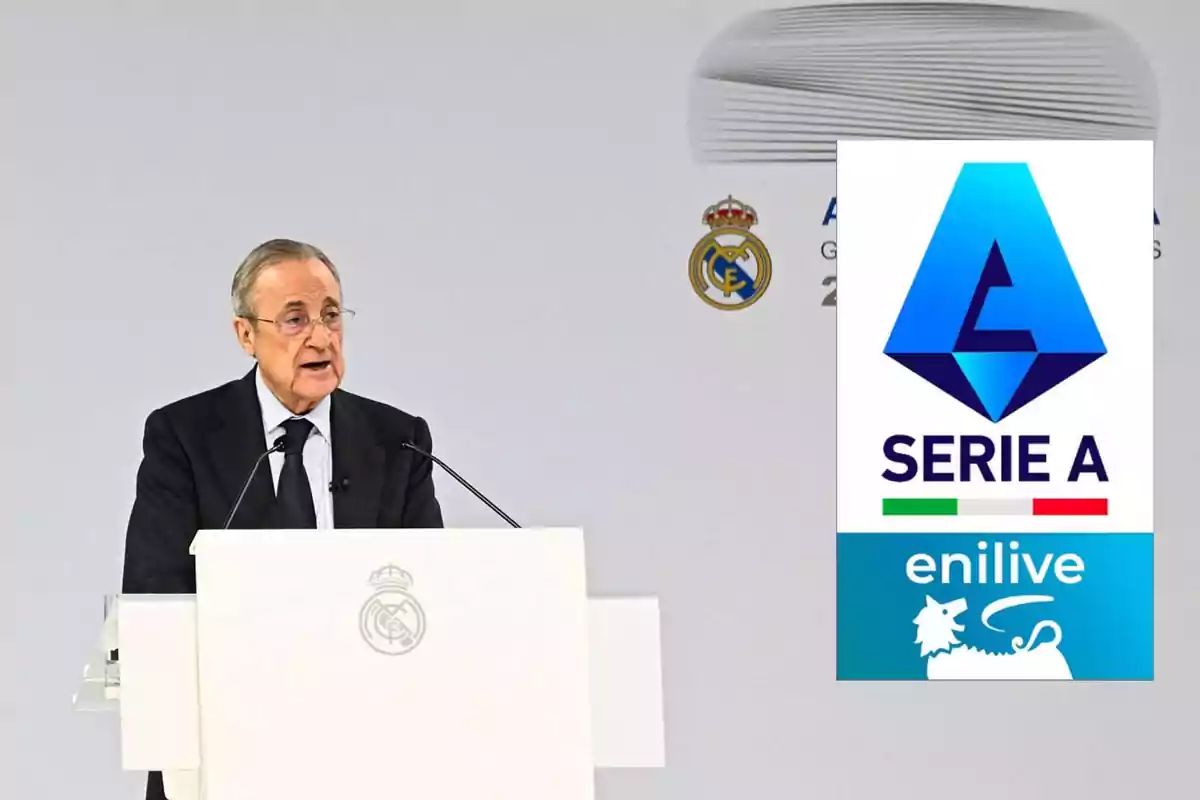 A man in a suit speaks at a podium with the Real Madrid crest, next to a Serie A logo.