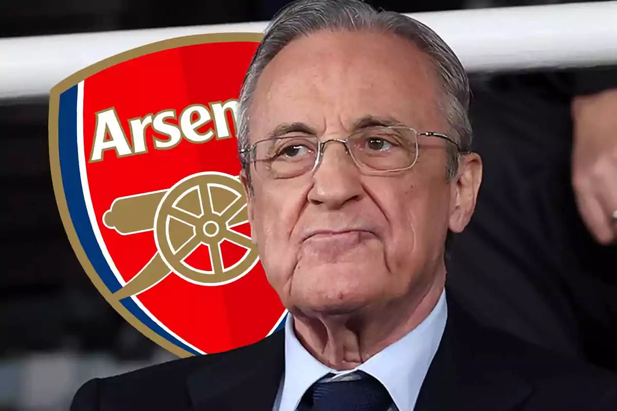 An older man with glasses and a suit appears in front of the Arsenal crest.