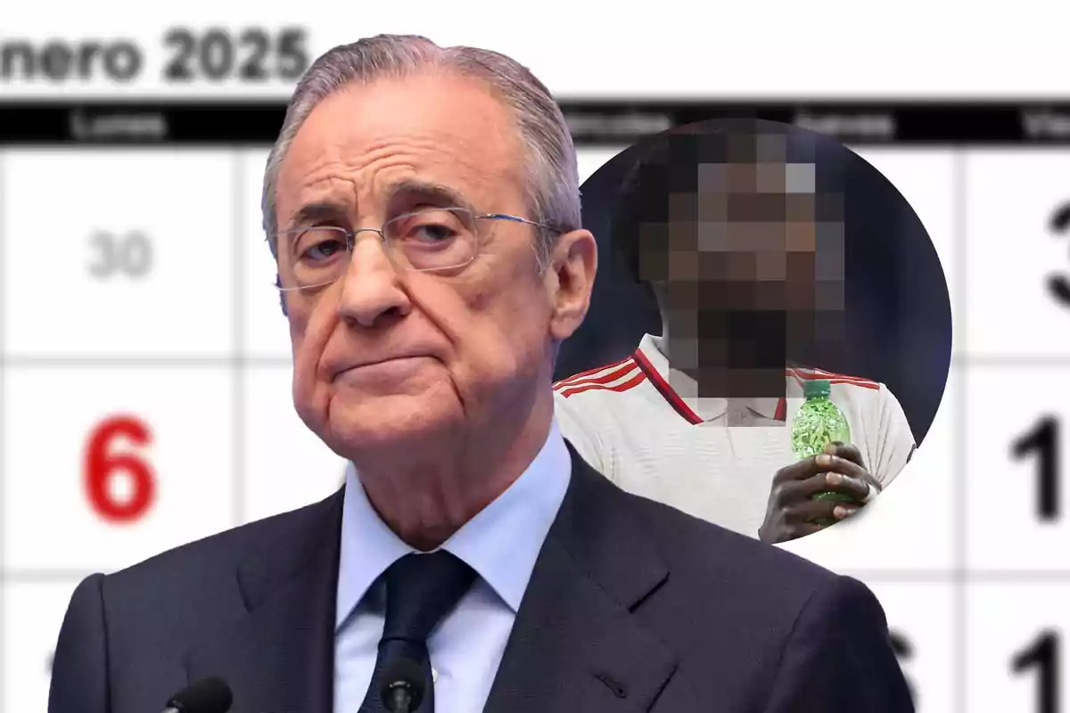 Un hombre mayor con traje y corbata aparece frente a un calendario de enero de 2025, con una imagen pixelada de otra persona en el fondo.