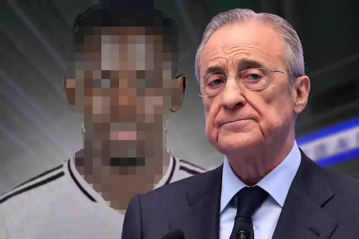 An older man wearing glasses and a dark suit stands next to a pixelated image of another person.