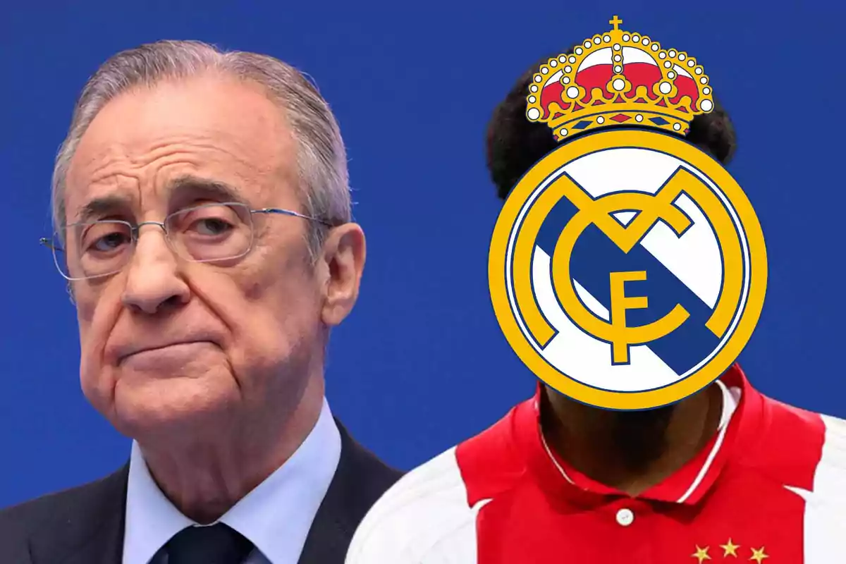 An older man with glasses and a serious expression next to a person with their face covered by the Real Madrid shield.