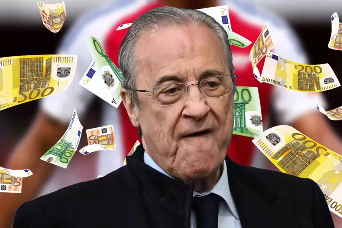 An older man wearing glasses and a dark suit is surrounded by euro bills floating in the air.