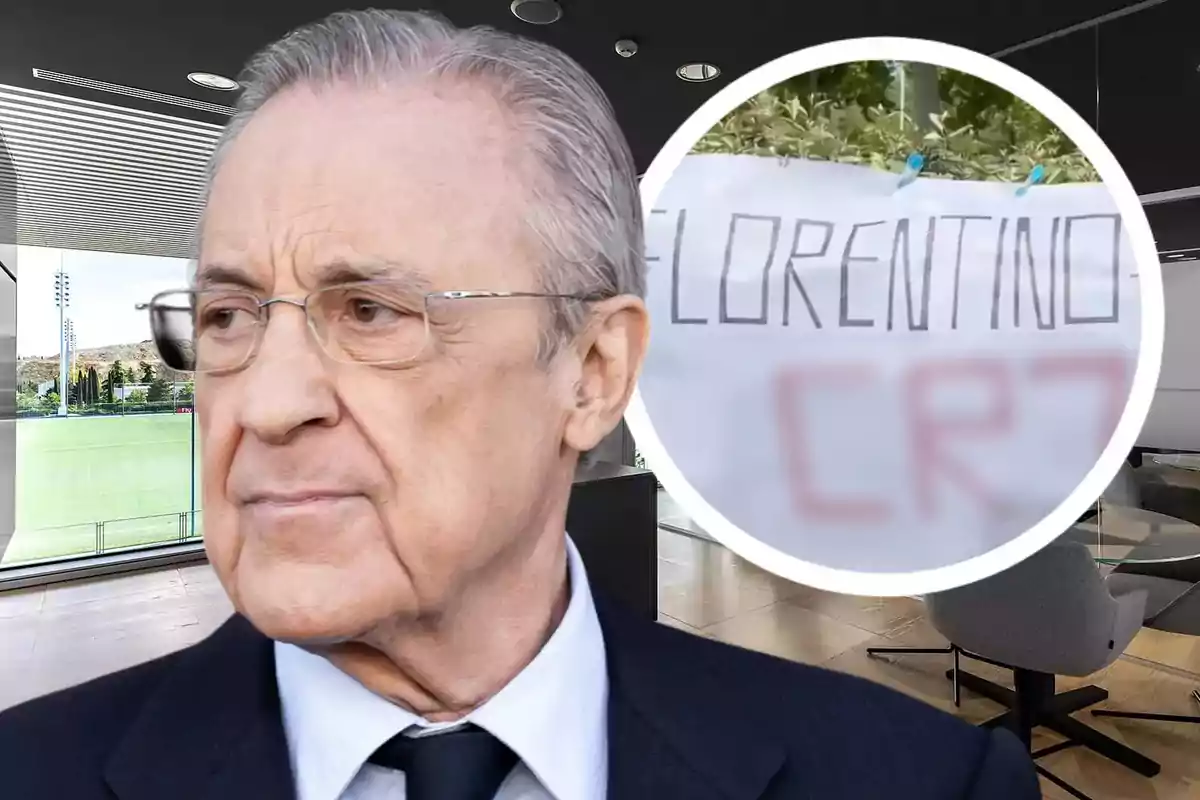 Gray-haired man with glasses and a serious expression in the foreground; in the background, a modern office and a soccer field, with a blurred sign that reads Florentino and CR7.