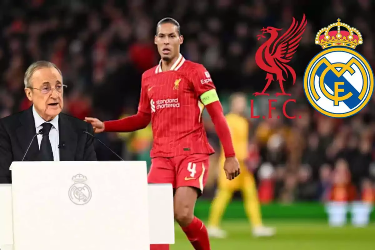 A man on a podium with the Real Madrid logo and a Liverpool soccer player on the field with the crests of both teams.