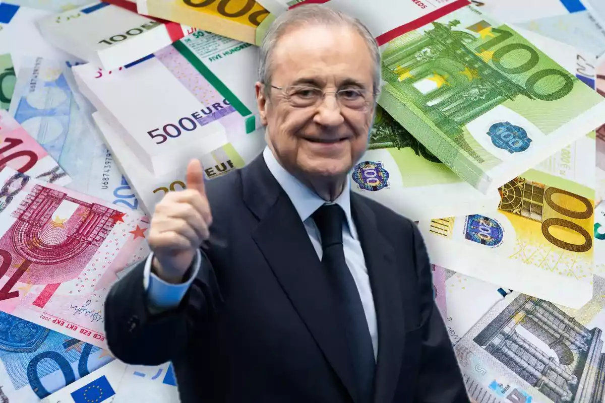 Hombre de traje sonriente levantando el pulgar con billetes de euro de fondo