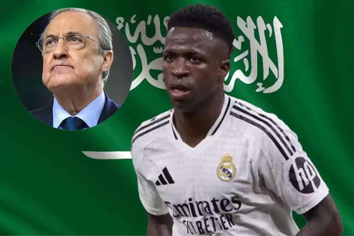 A soccer player wearing a Real Madrid jersey appears in front of a green flag with Arabic writing and a circle with the image of an older man.