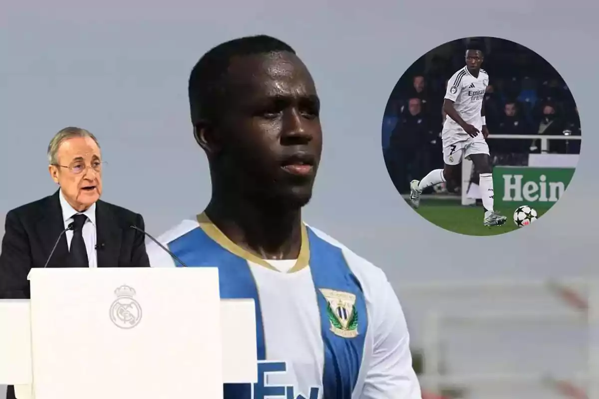 Un hombre en un podio con el logo del Real Madrid, un jugador de fútbol con uniforme azul y blanco, y una imagen circular de otro jugador en acción.