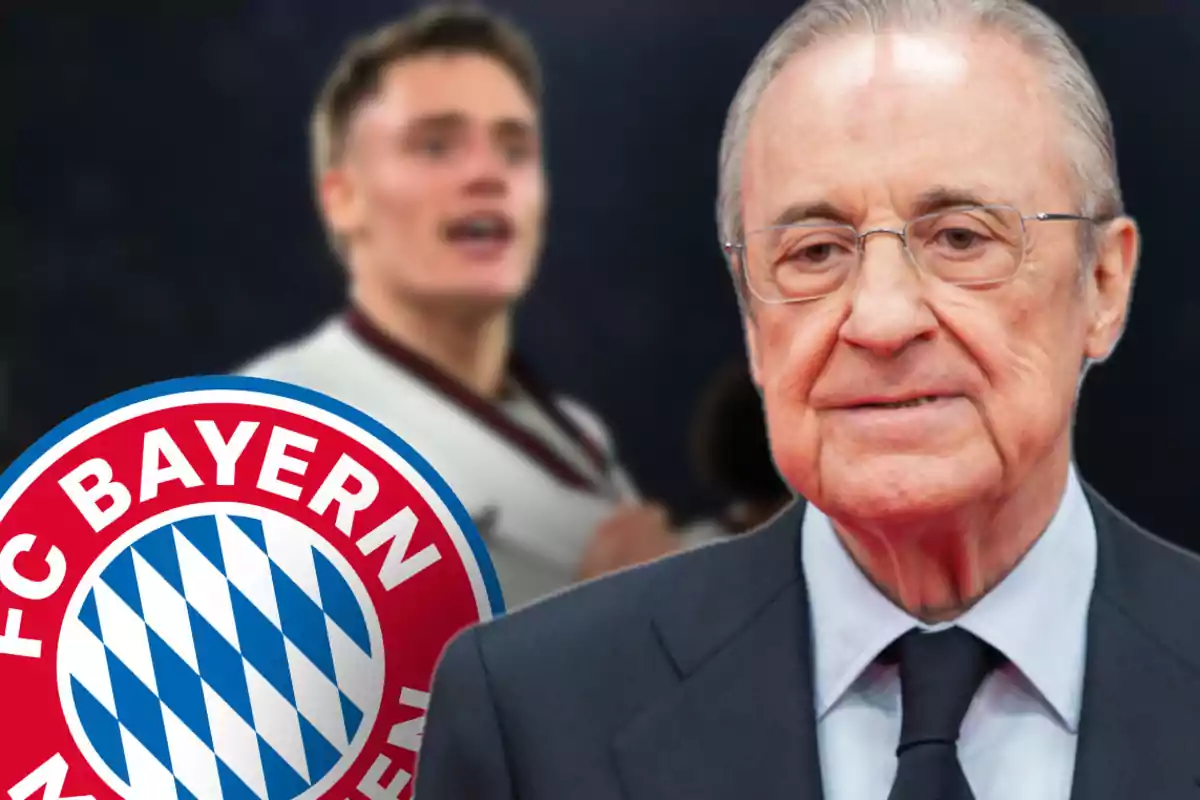 A man with glasses and a suit in front of the FC Bayern logo and a blurred figure in the background.