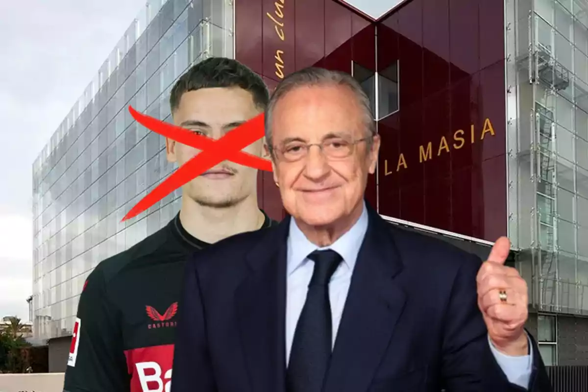 An older man smiles and gives a thumbs up in front of a building with the sign "La Masia", while behind him is a soccer player with a large red cross over his face.